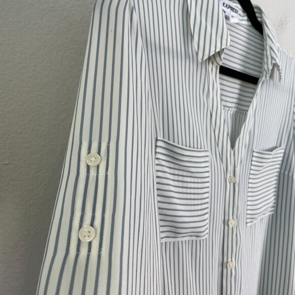 Express Womens Small Striped Button Up Blouse Roll Tab Sleeves Shirt Top - Picture 6 of 8